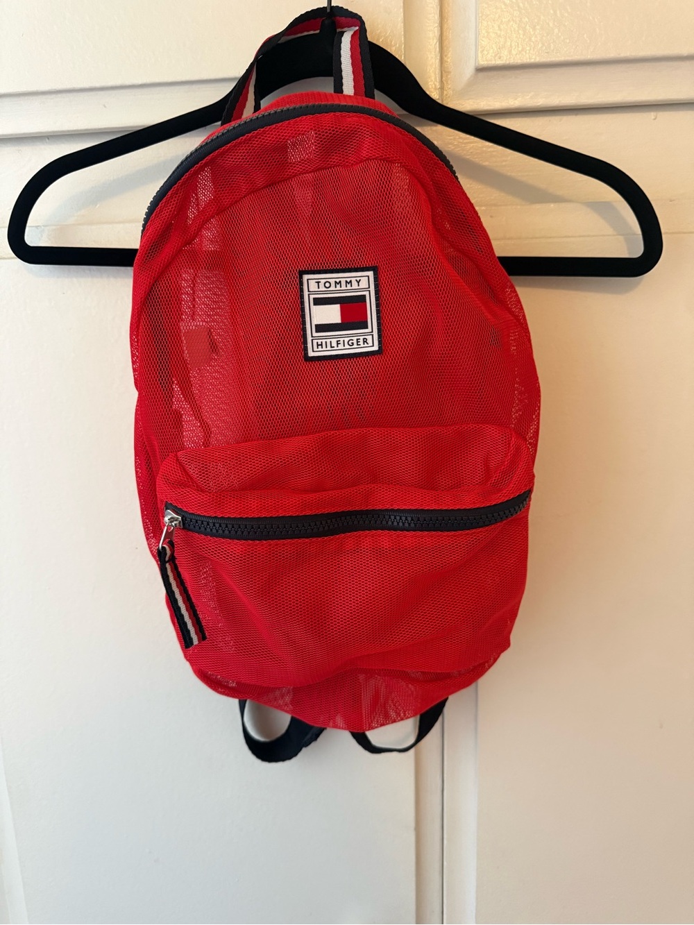 Tommy Hilfiger Red Mesh Backpack with Stripe Accent